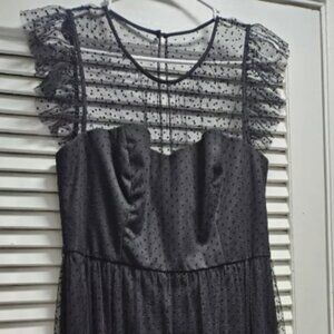 JASON WU tulle Mesh Black Dot Midi Dress Size 14 Petite Fit & Flare Party